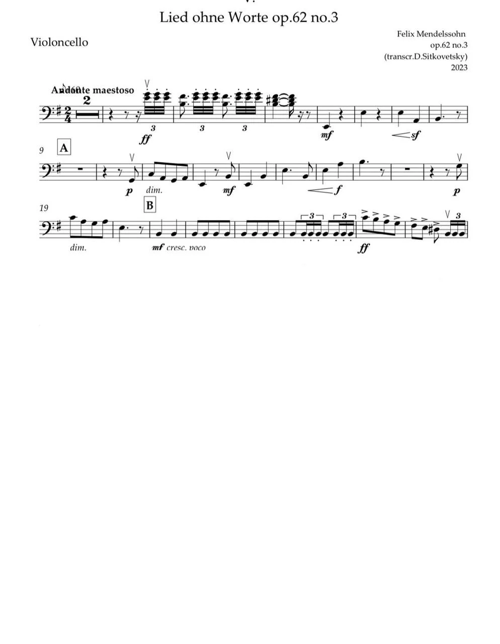 Felix Mendelssohn: “Letters in Music” Cycle. Song op.62 no.3 e-moll (Violoncello part)