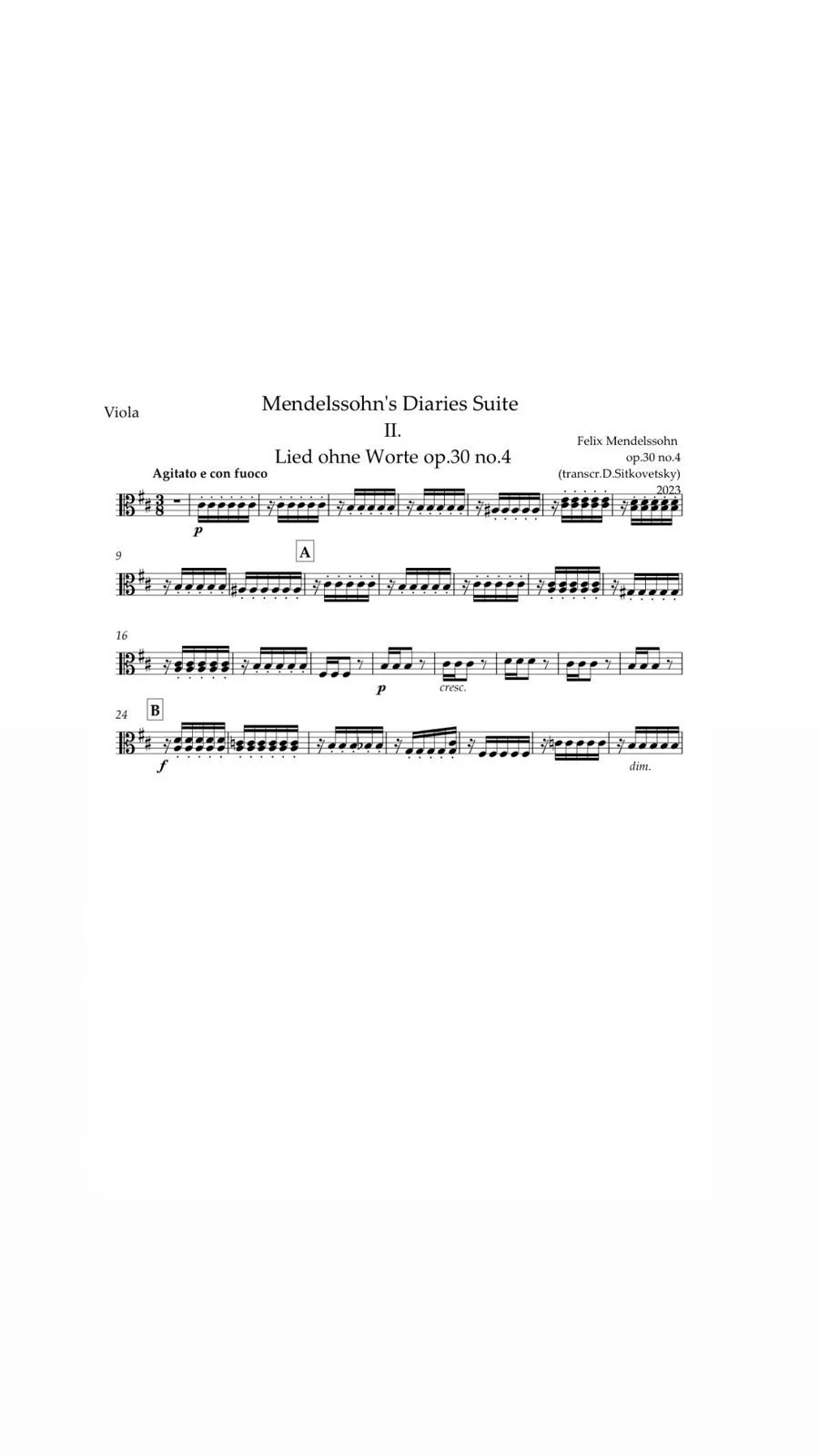 Felix Mendelssohn: “Letters in Music” Cycle. Song op.30 no.4 h-moll - (Viola part)