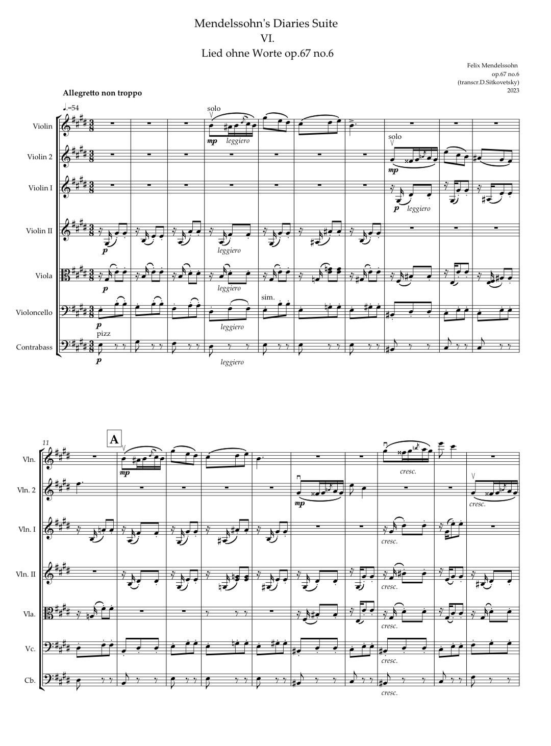 Felix Mendelssohn: “Letters in Music” Cycle. Song op.67 no.6 E-dur (2 solo violin parts-Concertmaster & Principal 2nd violin) (Full Score)
