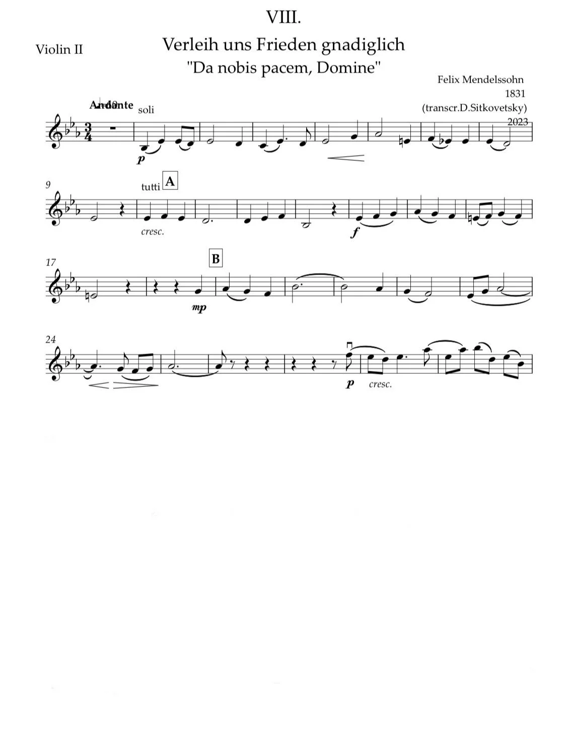 Felix Mendelssohn: “Letters in Music” Cycle.  Choral 1831 Es-dur (Violin 2 part)