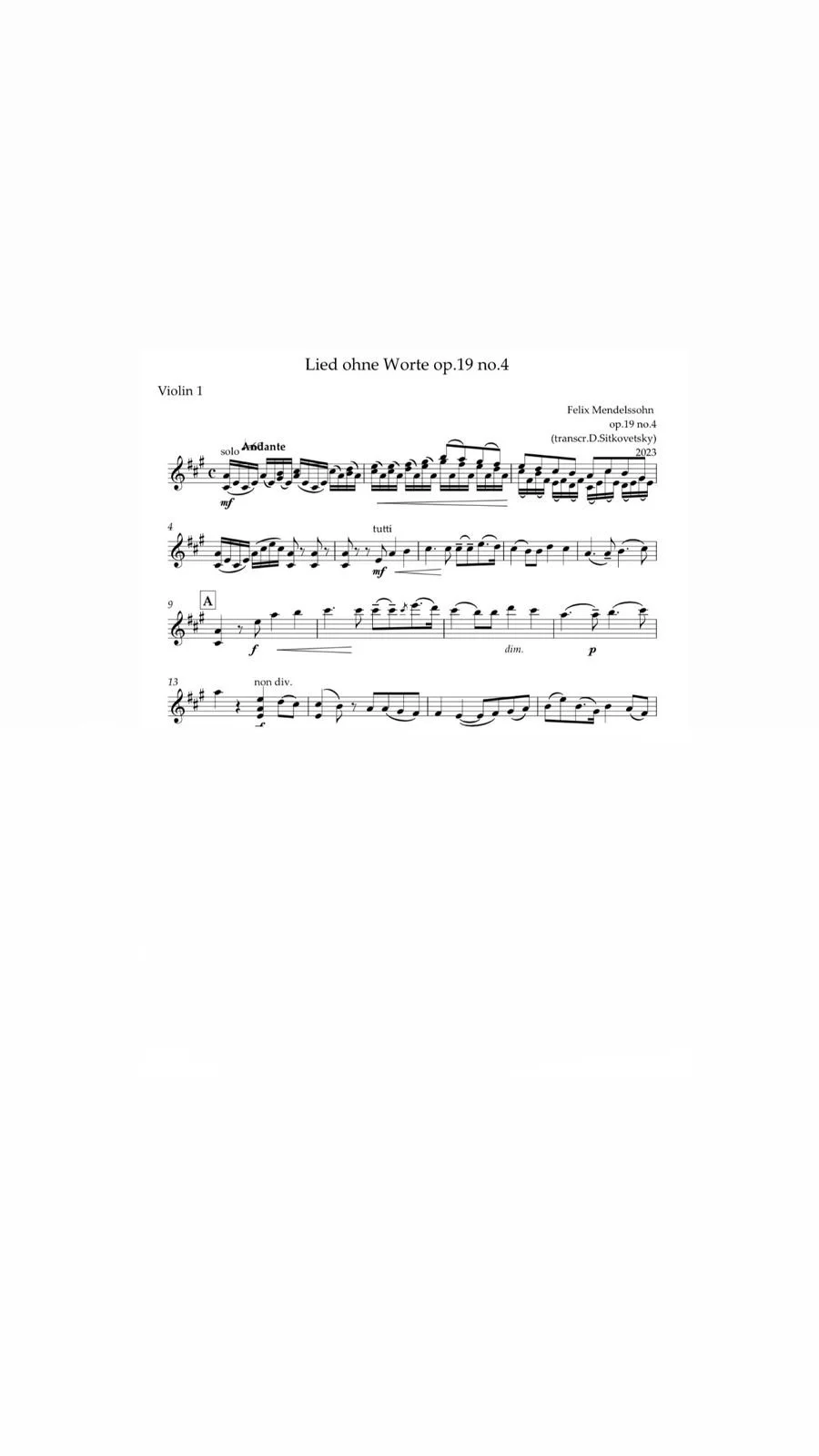 Felix Mendelssohn: “Letters in Music” Cycle. Song op.19 no.4 A-dur - (Violin 1 Part)