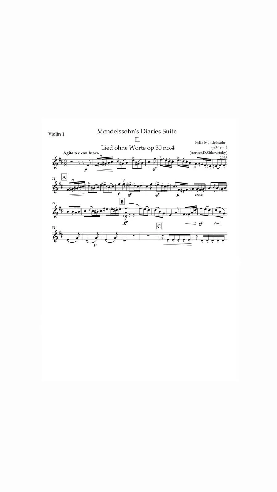 Felix Mendelssohn: “Letters in Music” Cycle. Song op.30 no.4 h-moll - (Violin 1 part)