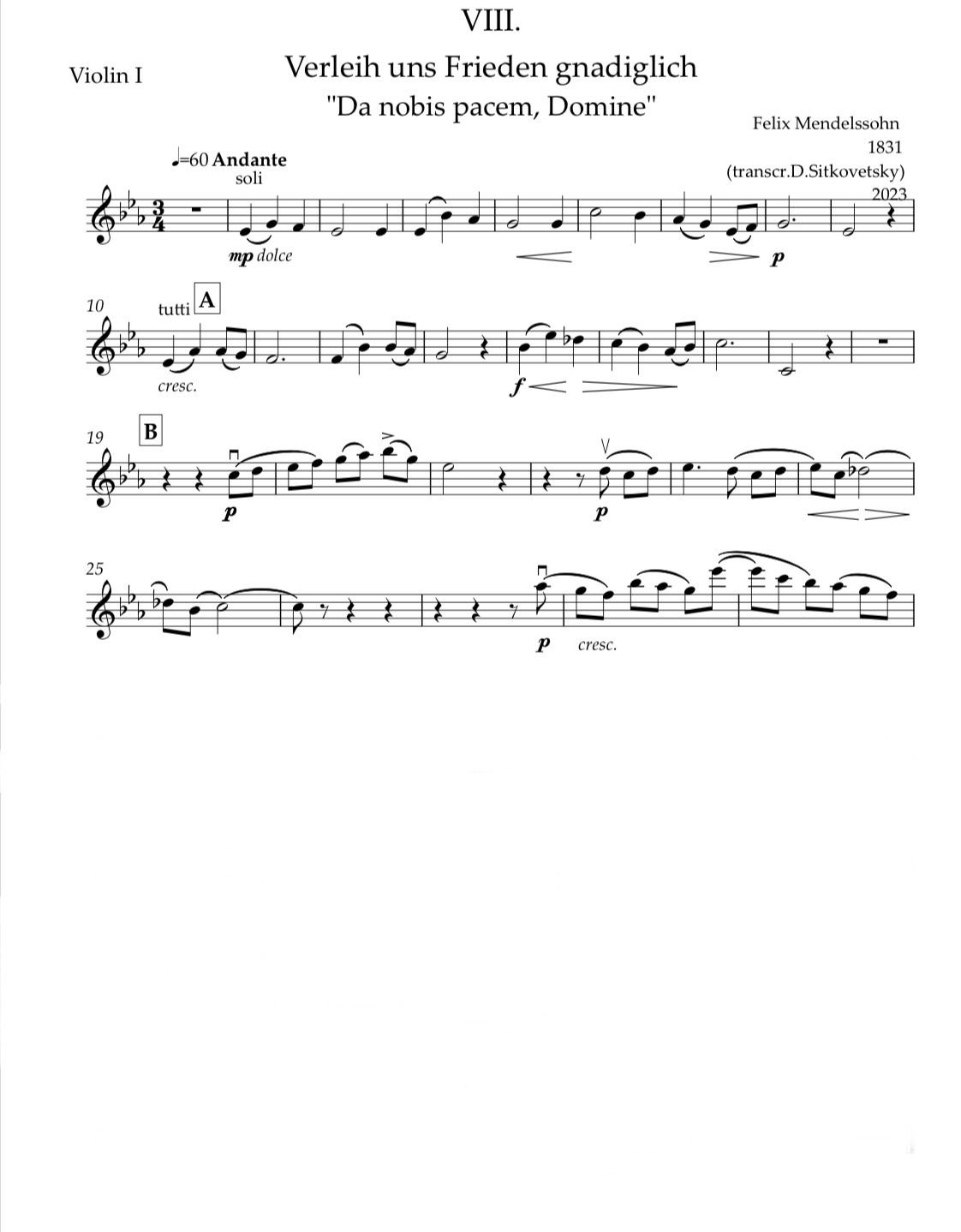 Felix Mendelssohn: “Letters in Music” Cycle.  Choral 1831 Es-dur (Violin 1 part)