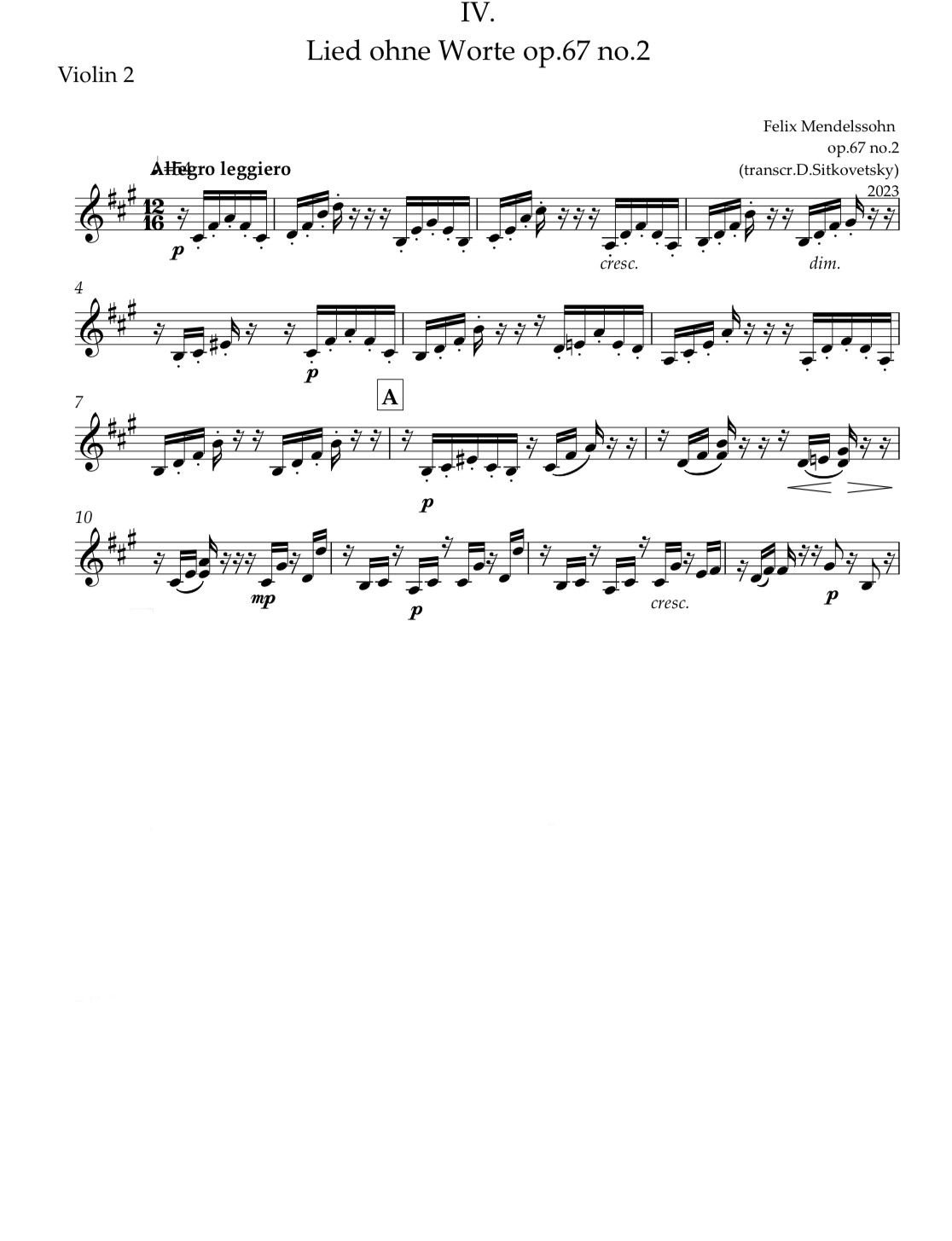 Felix Mendelssohn: “Letters in Music” Cycle.  Song op.67 no.2 fis-moll (Violin 2 part)