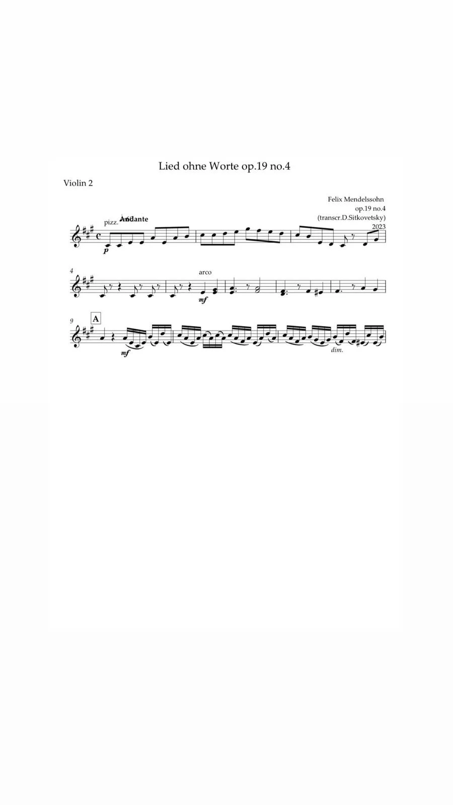 Felix Mendelssohn: “Letters in Music” Cycle. Song op.19 no.4 A-dur - (Violin 2 Part)