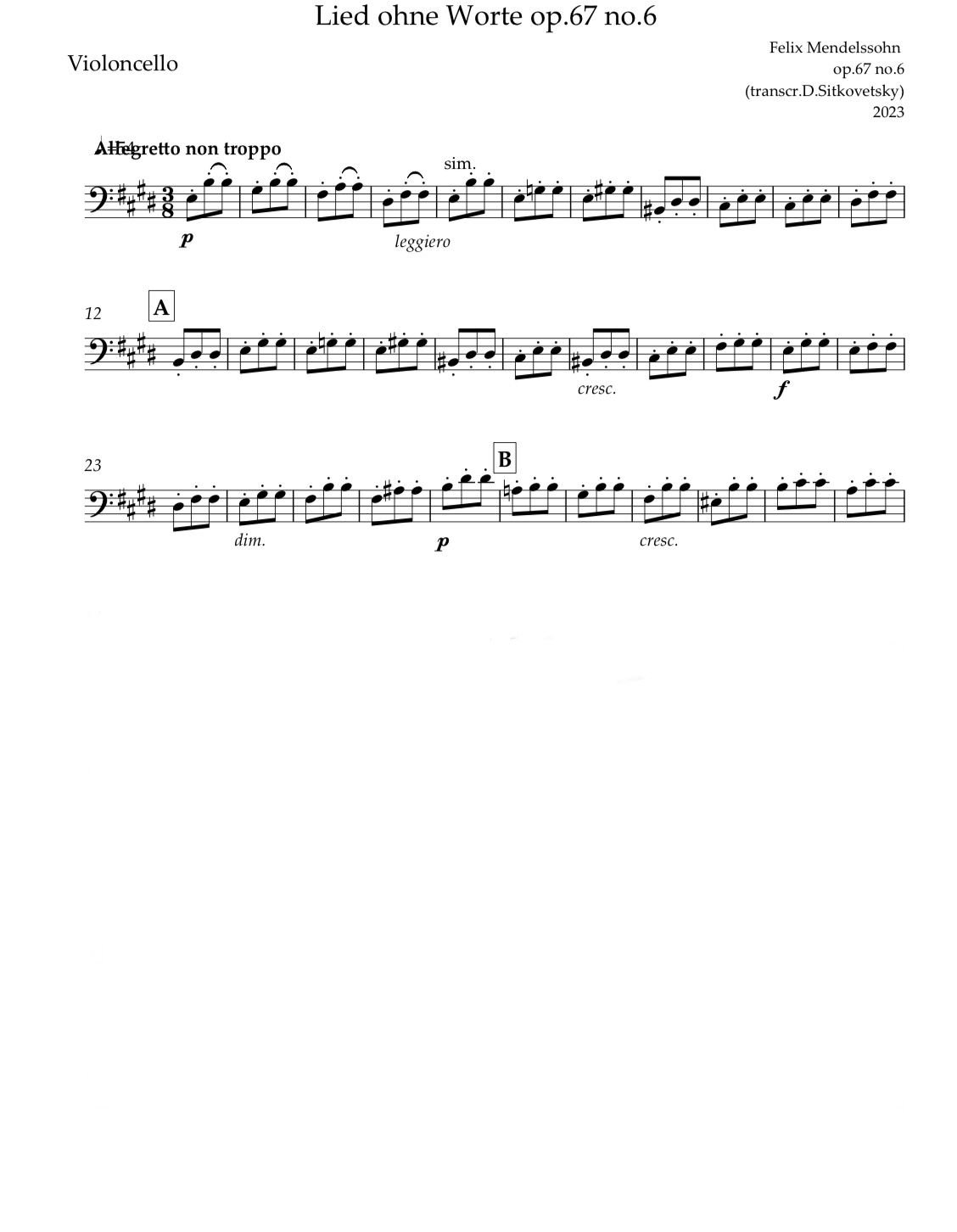 Felix Mendelssohn: “Letters in Music” Cycle. Song op.67 no.6 E-dur (2 solo violin parts-Concertmaster & Principal 2nd violin) (Violoncello part)