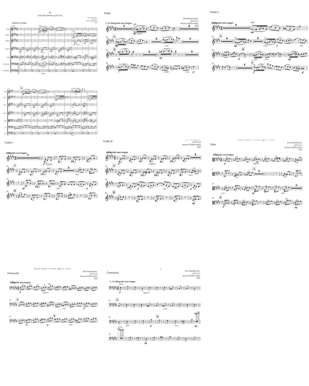 Felix Mendelssohn: “Letters in Music” Cycle. Song op.67 no.6 E-dur (2 solo violin parts-Concertmaster & Principal 2nd violin) (Score +All parts)
