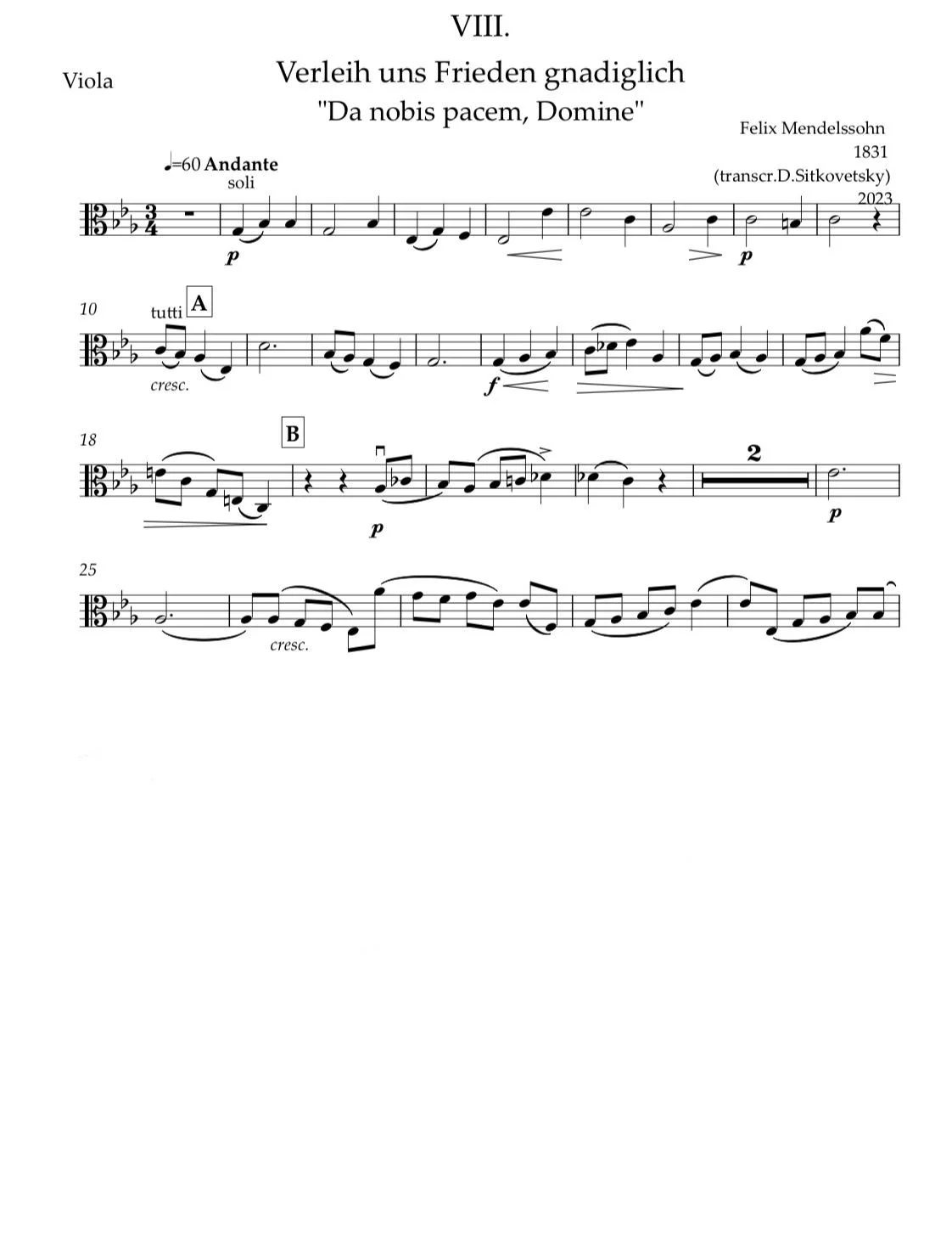 Felix Mendelssohn: “Letters in Music” Cycle.  Choral 1831 Es-dur (Viola part)