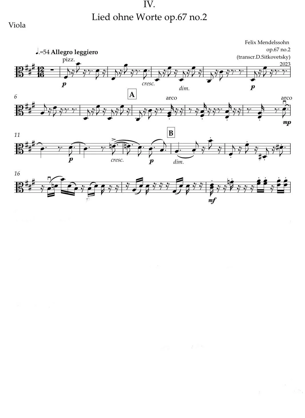 Felix Mendelssohn: “Letters in Music” Cycle.  Song op.67 no.2 fis-moll (Viola part)