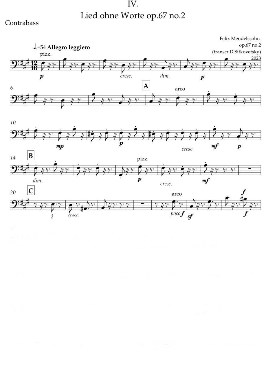 Felix Mendelssohn: “Letters in Music” Cycle.  Song op.67 no.2 fis-moll (Contrabass part)