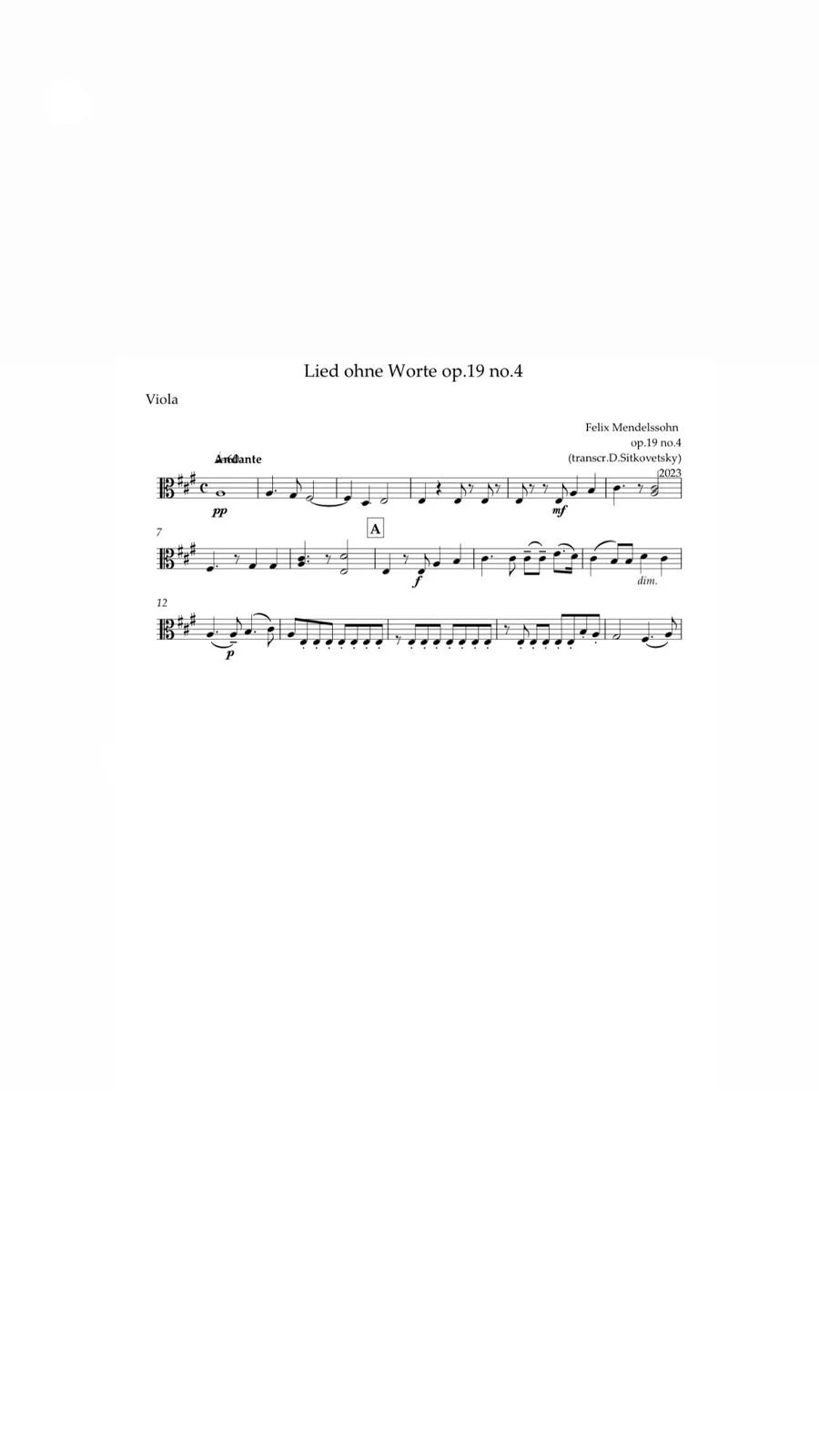Felix Mendelssohn: “Letters in Music” Cycle. Song op.19 no.4 A-dur - (Viola Part)