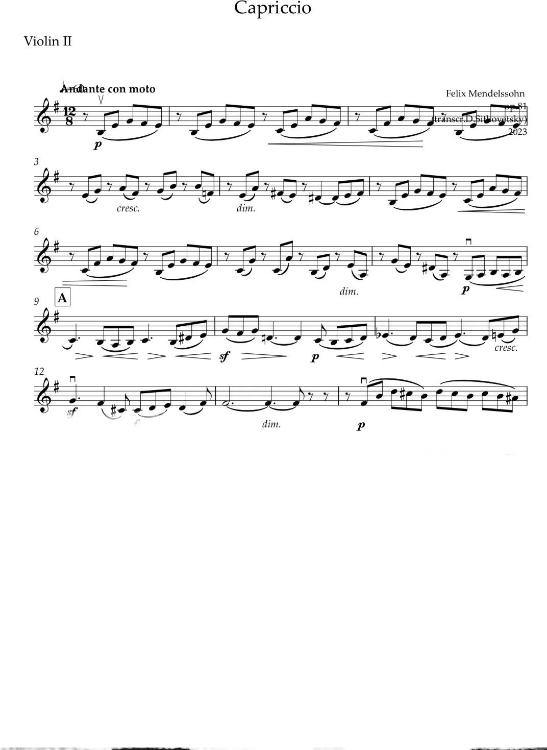 Felix Mendelssohn: “Letters in Music” Cycle. Capriccio & Fuga op.81 e-moll ( Violin 2 part)