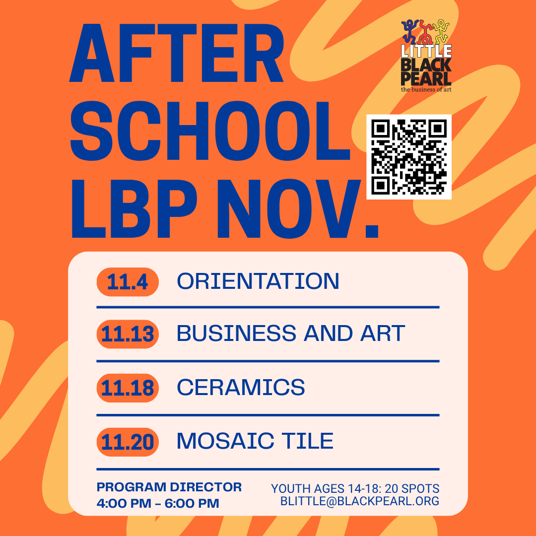 A colorful flyer announcing after school classes at Little Black Pearl in November, including orientation, business and art, ceramics, and mosaic tile, with a QR code and contact email, featuring an orange background with yellow decorative elements.
