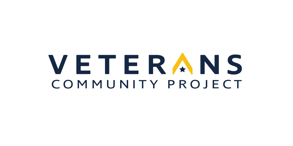 Logo for Veterans Community Project with a stylized yellow arrow and blue star.