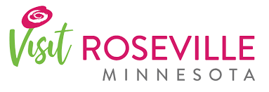 Visit Roseville Minnesota logo with pink and green text