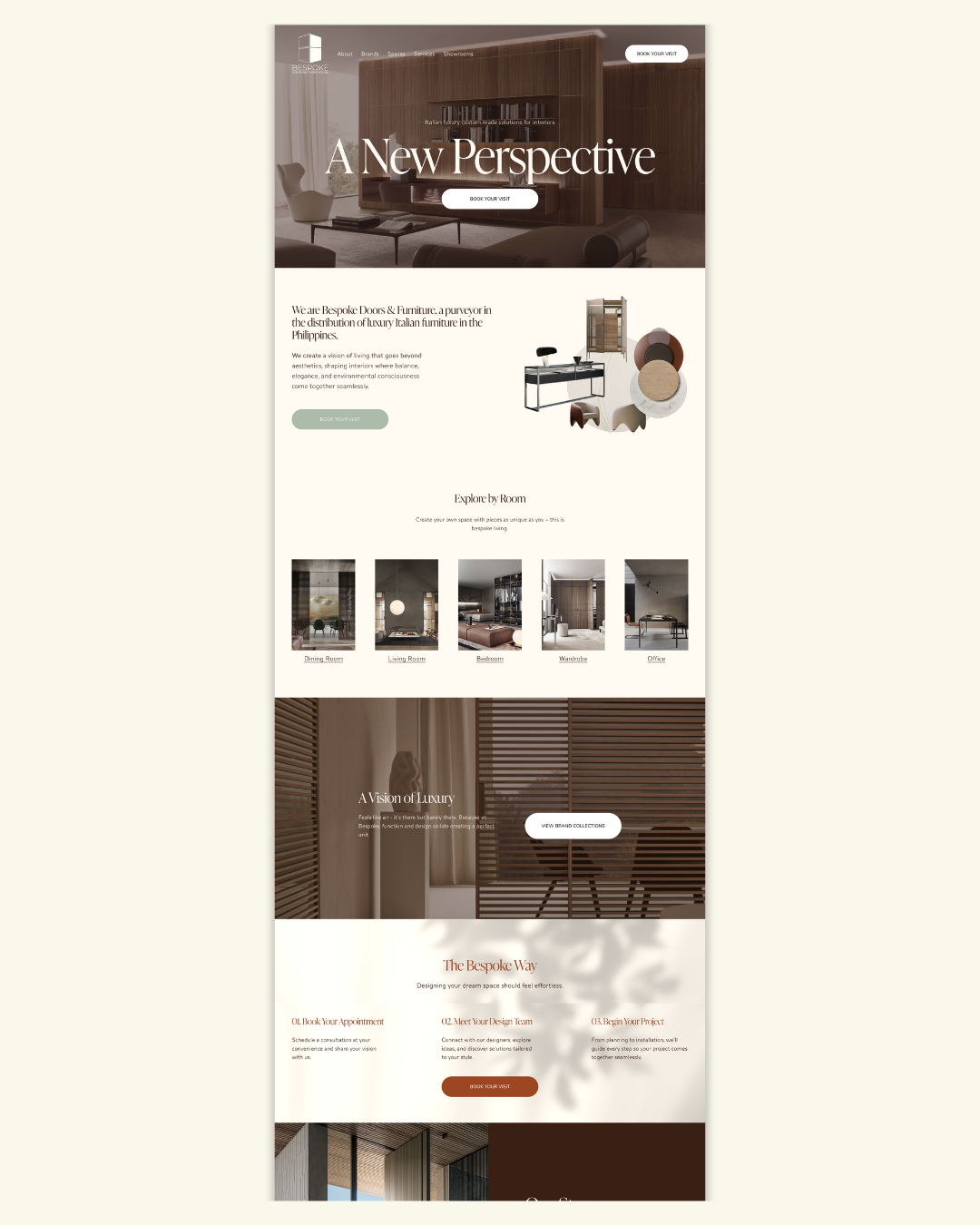 Website homepage for Bespoke Doors and Furniture featuring interior design and furniture images, navigation menu, and call-to-action buttons.