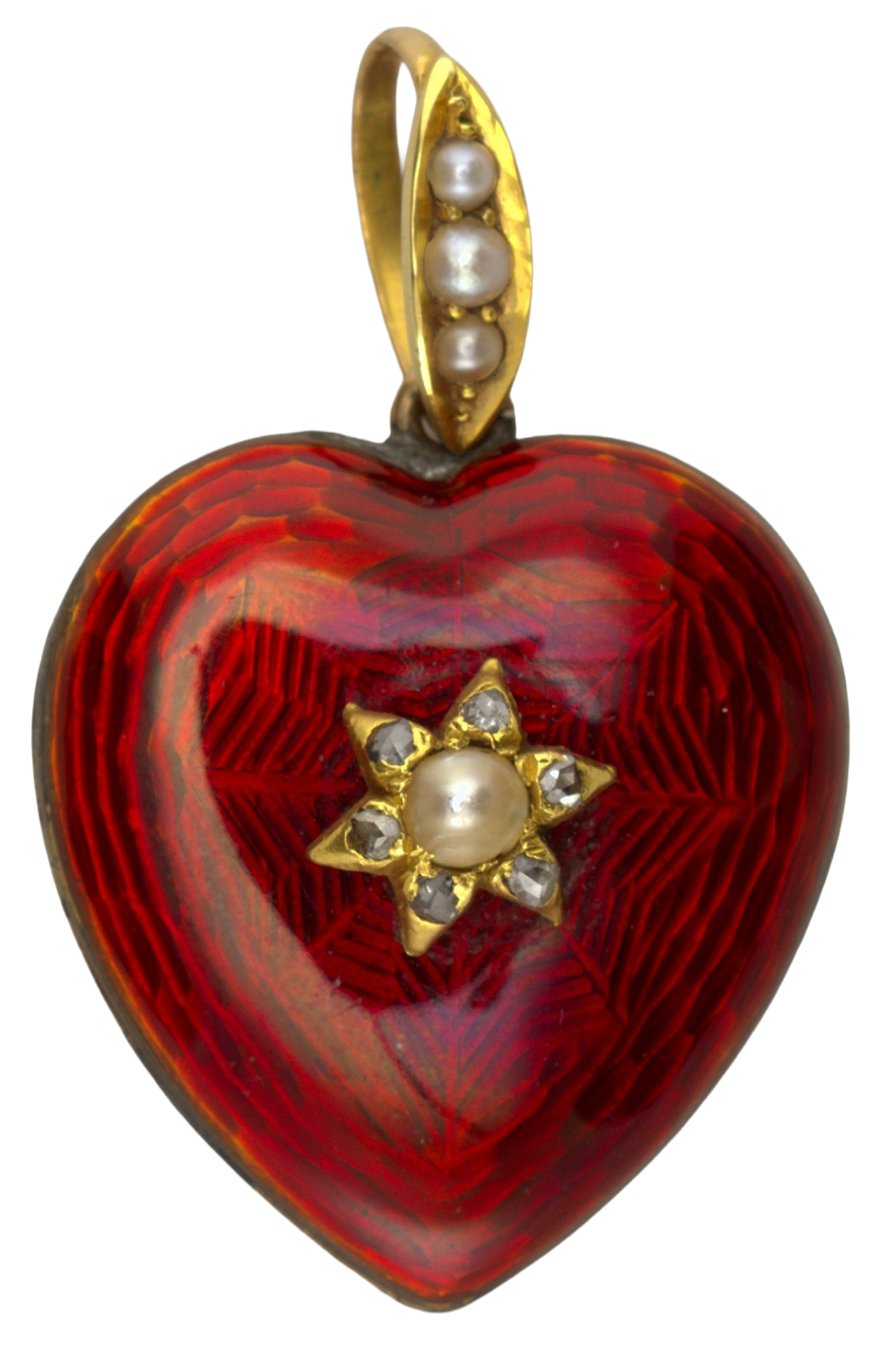 A red glass heart-shaped pendant with gold and pearl accents, featuring a gold star and pearl in the center and a gold loop with pearls and diamonds at the top.