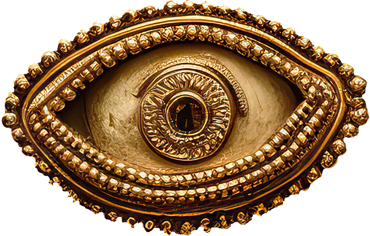 Close-up of an ornate eye-shaped object decorated with gold beads and patterns, featuring a keyhole in the center.
