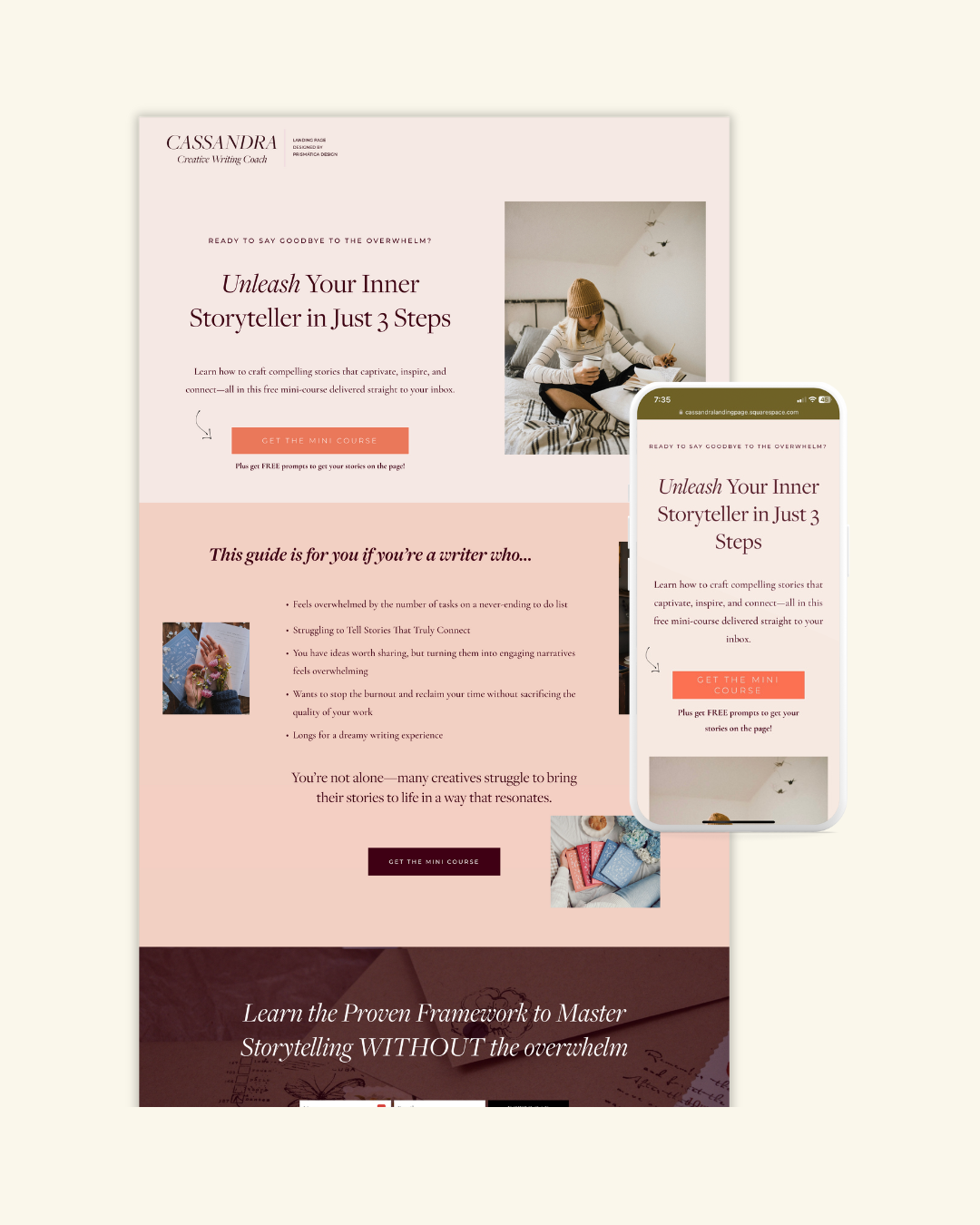 Web page and mobile view of a course titled 'Unleash Your Inner Storyteller in Just 3 Steps.' The page features a woman sitting on a bed with a cup of coffee, and smaller images of books and writing supplies.