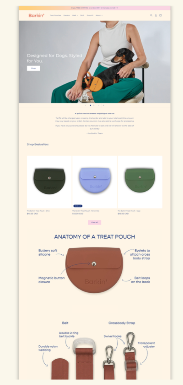 A webpage featuring pet accessories, showing a woman sitting on a chair with a small dog on her lap. The dog wears a treat pouch. The page displays product images of different treat pouches and a diagram illustrating the components of a treat pouch with labeled parts like a belt, crossbody strap, and various hooks and closures.