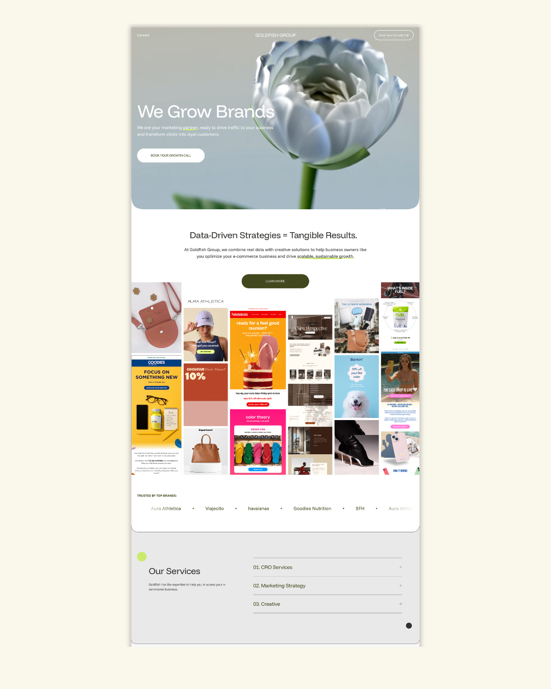 A website homepage for Goldfish Group, a marketing agency, features a large image of a white flower at the top, followed by a headline 'We Grow Brands,' a call-to-action button, and sections showcasing data-driven strategies, brand examples, services, and client logos.