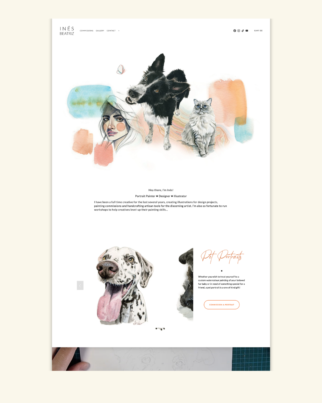 Artistic website homepage featuring watercolor illustrations of a woman, a Border Collie dog, a long-haired cat, a Dalmatian dog, and a black dog, with text about pet portrait services.