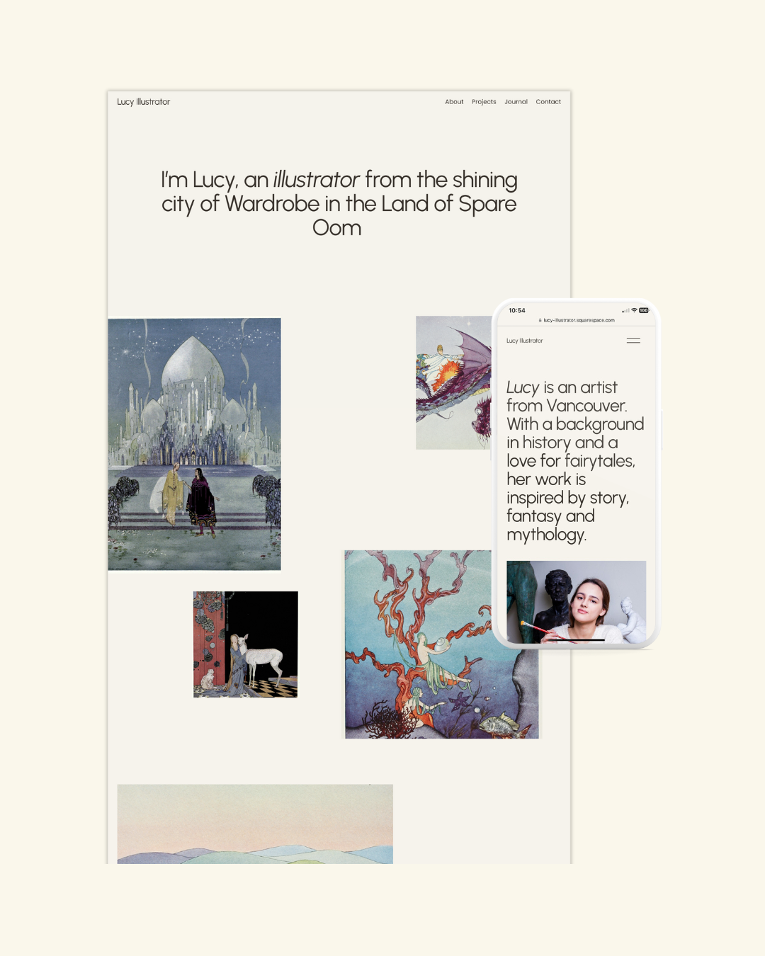 A website or portfolio page for Lucy, an illustrator, featuring text introduction, multiple digital artwork images, and a mobile view with artist information and artwork.
