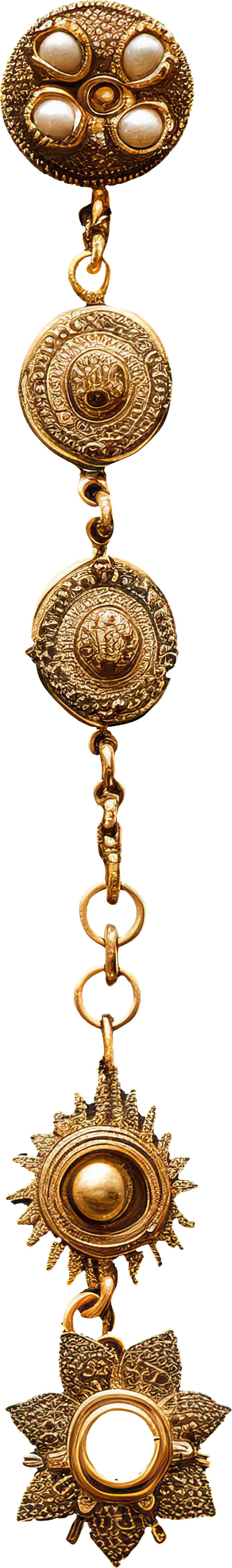 A detailed, gold-colored decorative chain with various ornate medallions and charms, including floral and animal motifs.