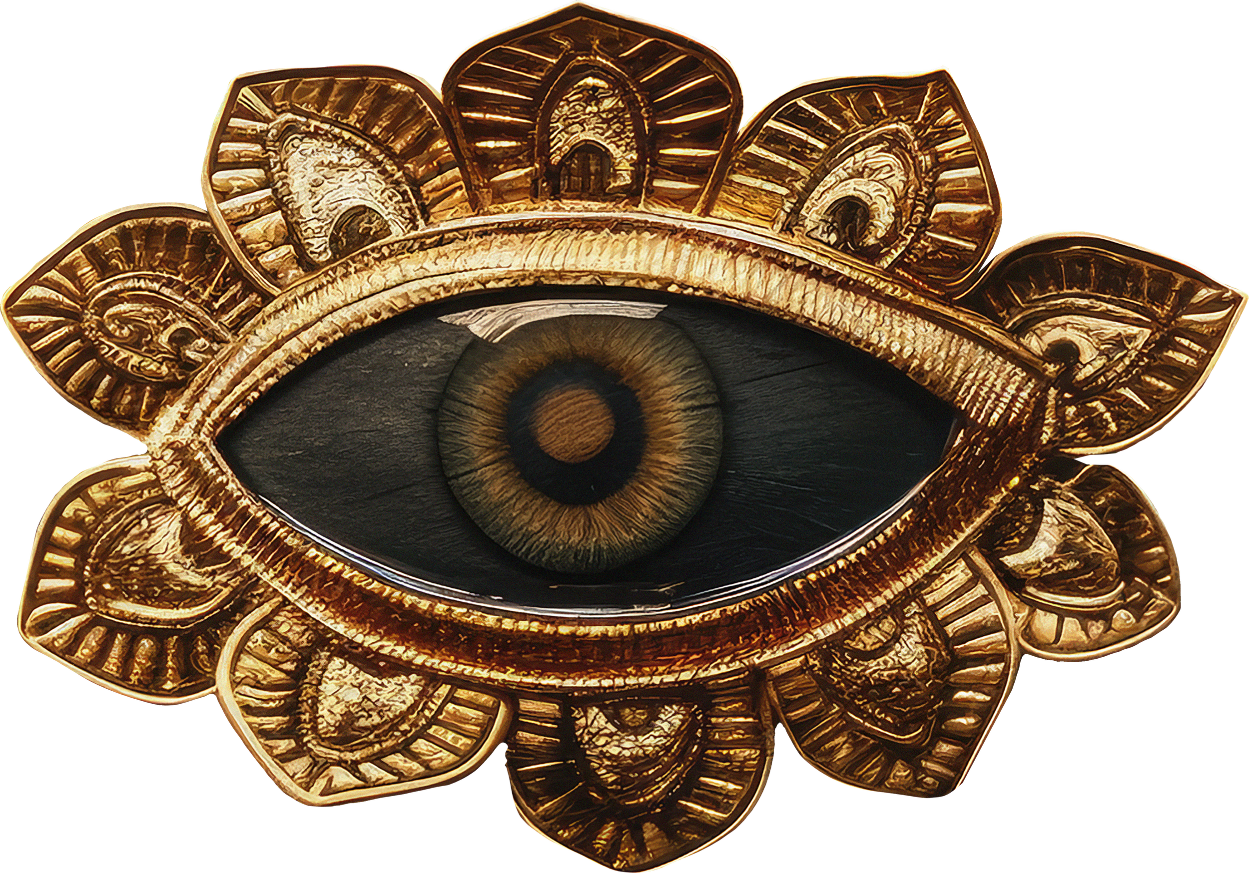 An ornate decorative eye-shaped object with a gold and bronze frame resembling a peacock feather pattern, with a central human eye with a brown iris.