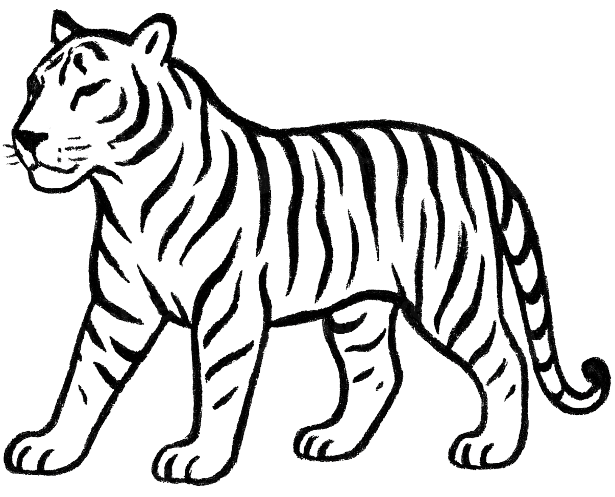 A black and white line drawing of a tiger with closed eyes, standing.