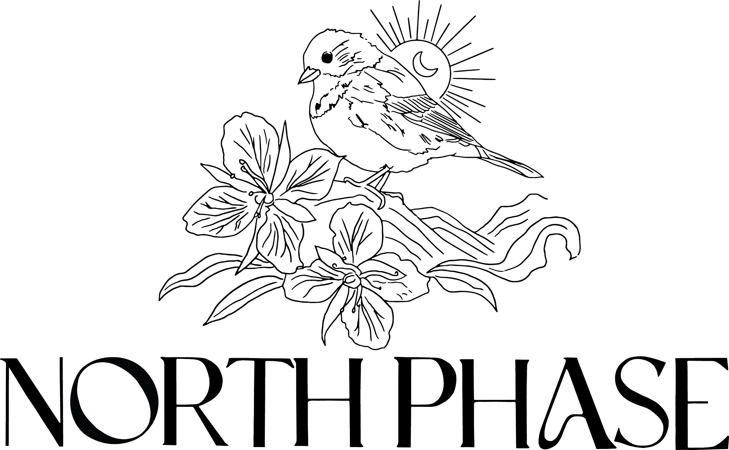 A line art drawing of a bird perched on a branch with flowers, a sun with rays and a crescent moon in the background, and the word "NORTHPHASE" below.