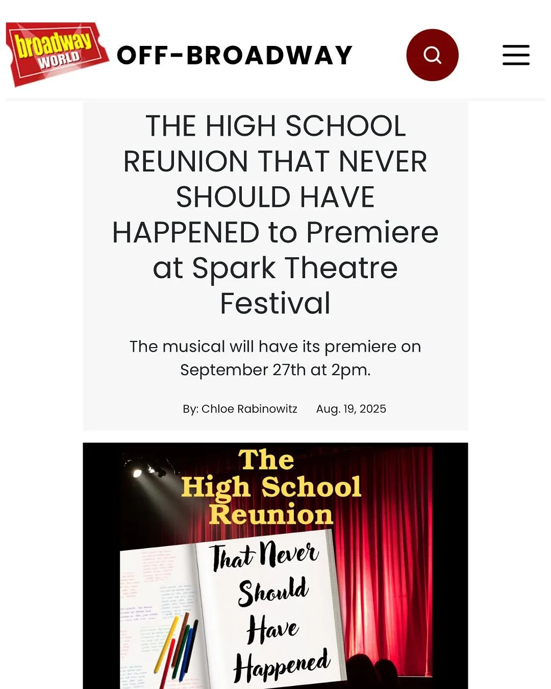 It&rsquo;s official! The world premiere of my musical &ldquo;The High School Reunion That Never Should Have Happened&rdquo; will be at the Spark Theatre Festival on September 27th at 2pm! So grateful for everyone involved in this team and cast. Ticke