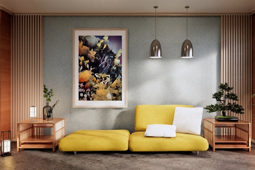 abstract moss art print bright oranges and dark colors in maple frame and white mat hanging above a yellow sofa