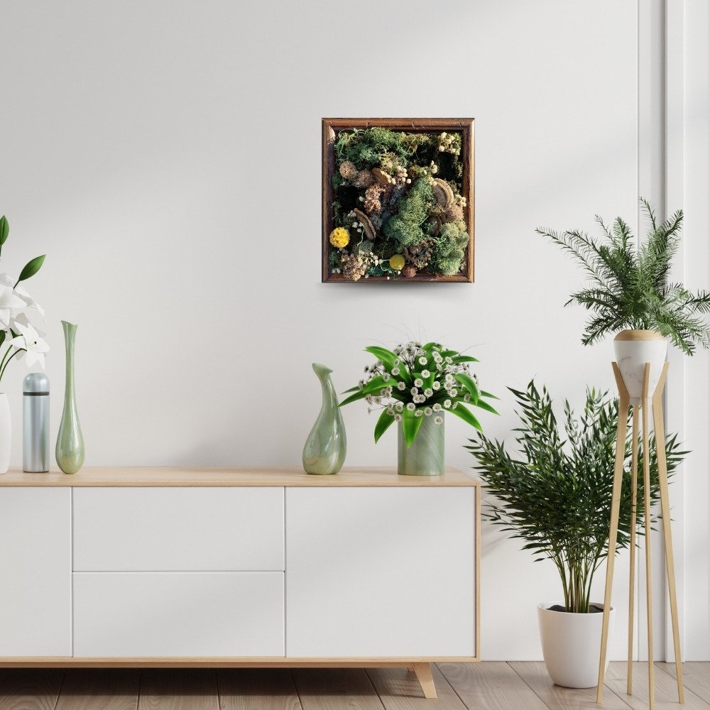 moss art in oak frame yellow and white flowers lichens on wall in room
