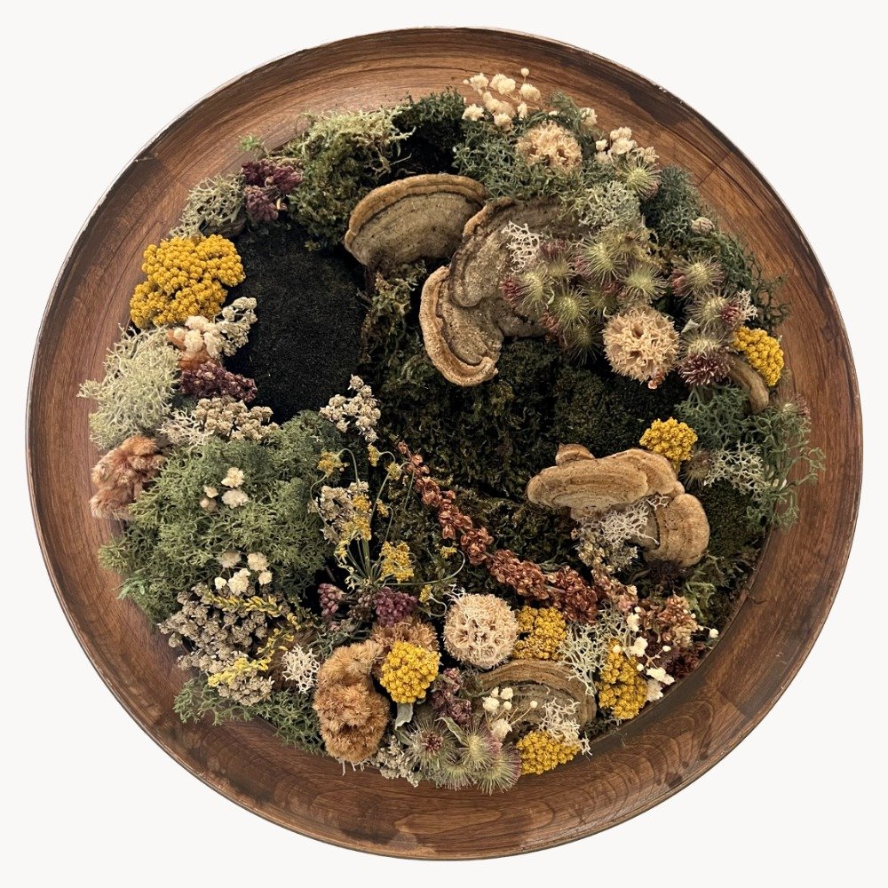 moss art in round oak frame, mosses, lichens and bright flowers