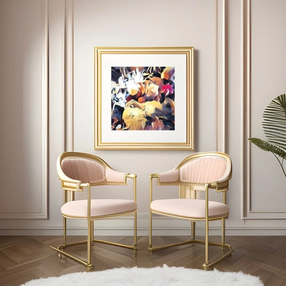 gold framed abstract moss art print on wall in room with two chairs