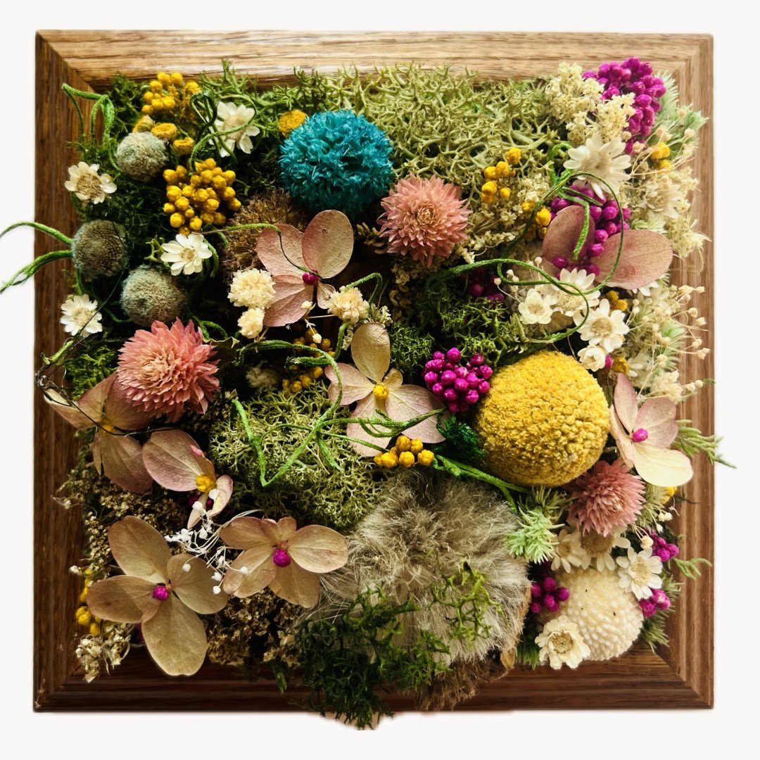 foresthetic moss art piece vibrant flowers