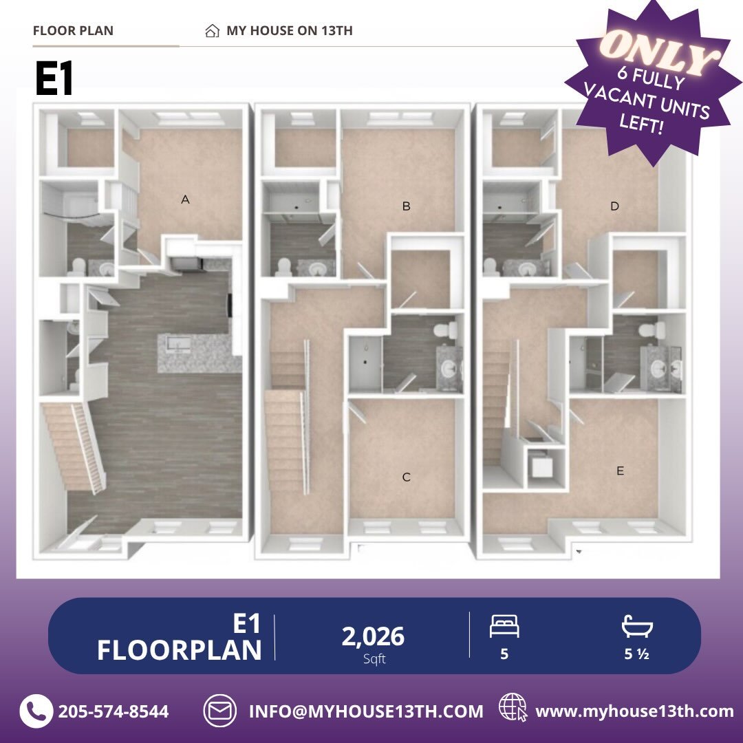 Check out our availability! 👀

E1 5 Bedroom/5.5 Bath: Only SIX fully vacant units left! 
E2 5 Bedroom/5 Bath plus 2-Car Garage: TWO fully vacant units left!
D1 4 Bedroom/4 Bath plus 1-Car Garage: 5 female spots &amp; 1 male spot open! 

Sign today t