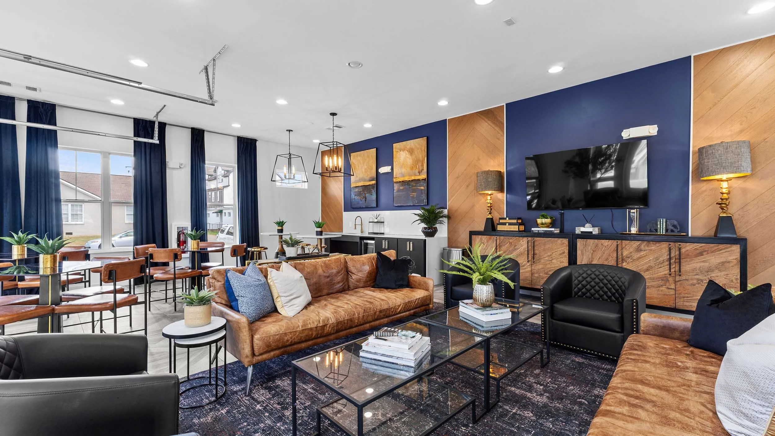 Modern lounge with brown leather sofas, black armchair, glass coffee tables, and several green potted plants. There's a flat-screen TV mounted on a blue wall accented with wooden panels, and decorative artwork and lamps.