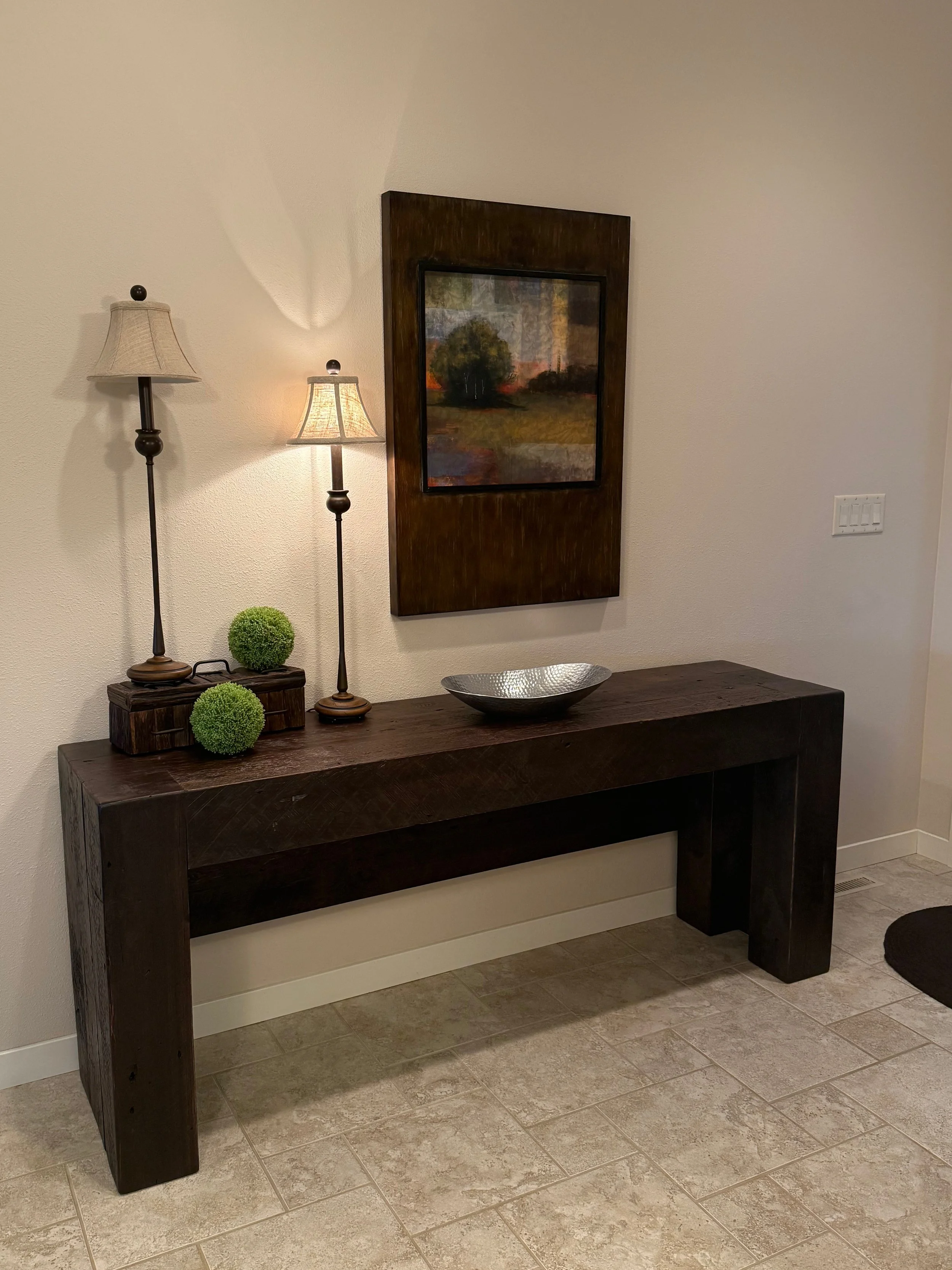 RECLAIMED PINE ENTRY TABLE
NORTHSHORE WALNUT STAIN
72" X 18" X 30"H