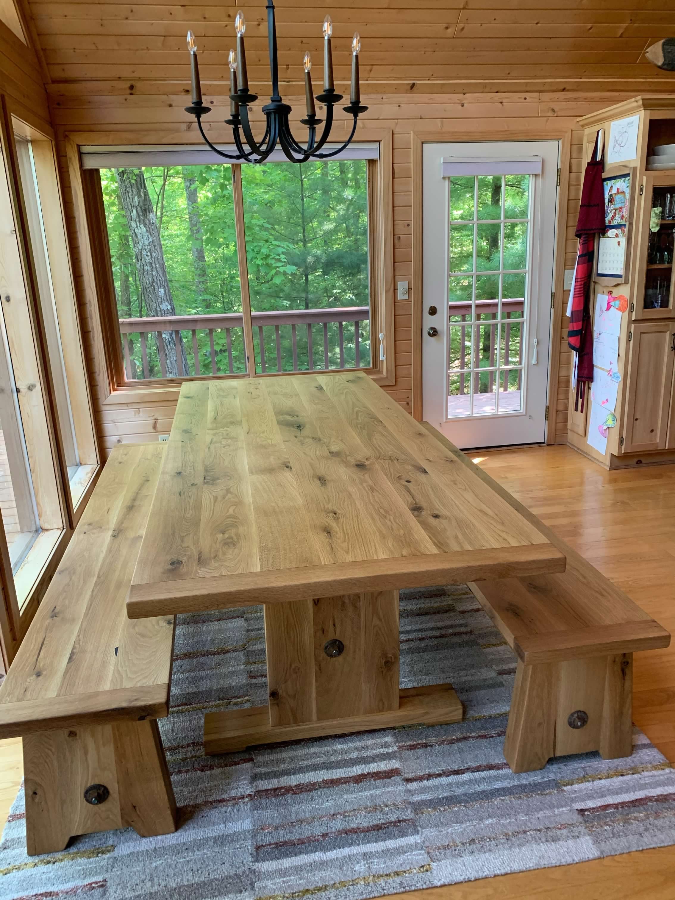 RUSTIC WHITE OAK DINING ROOM TABLE AND BENCHES 8' X 42"