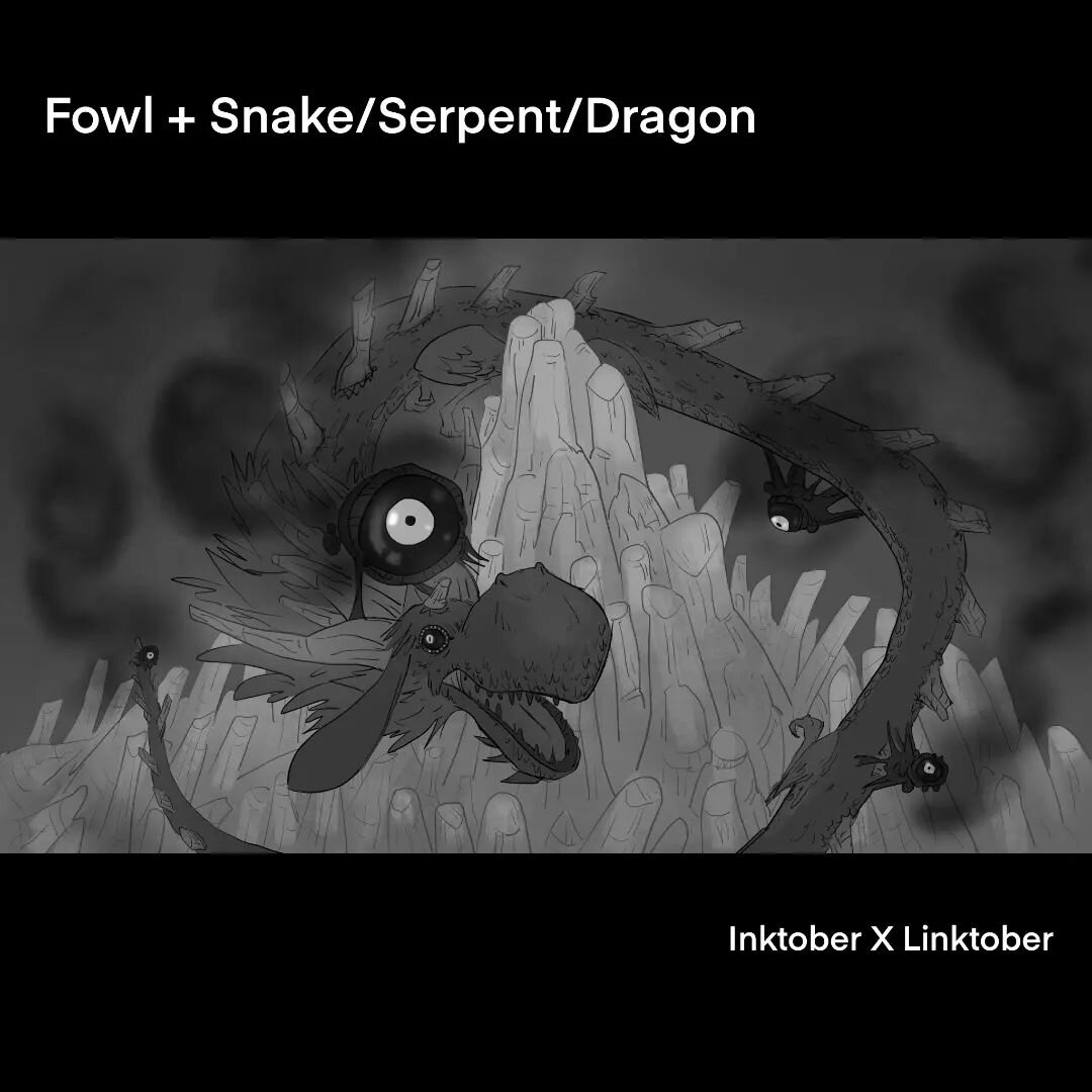 #inktober X #linktober mash up theme is Fowl + Serpent/Dragon/Snake. Went back to BotW with another dragon, I remember how impactful it was to see Malice Naydra for the first time, and what a relief it was to uncorrupt it instead of killing it, I'm v