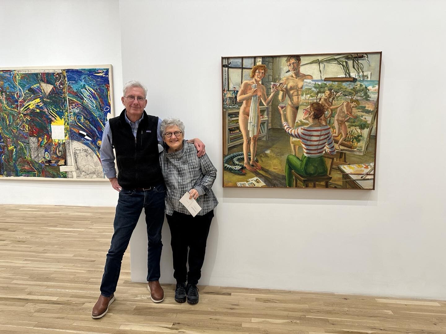M. Louise Stanley with George Adams at her opening showing with work by Joan Brown, De Forest, T Wiley, and Viola Frey.