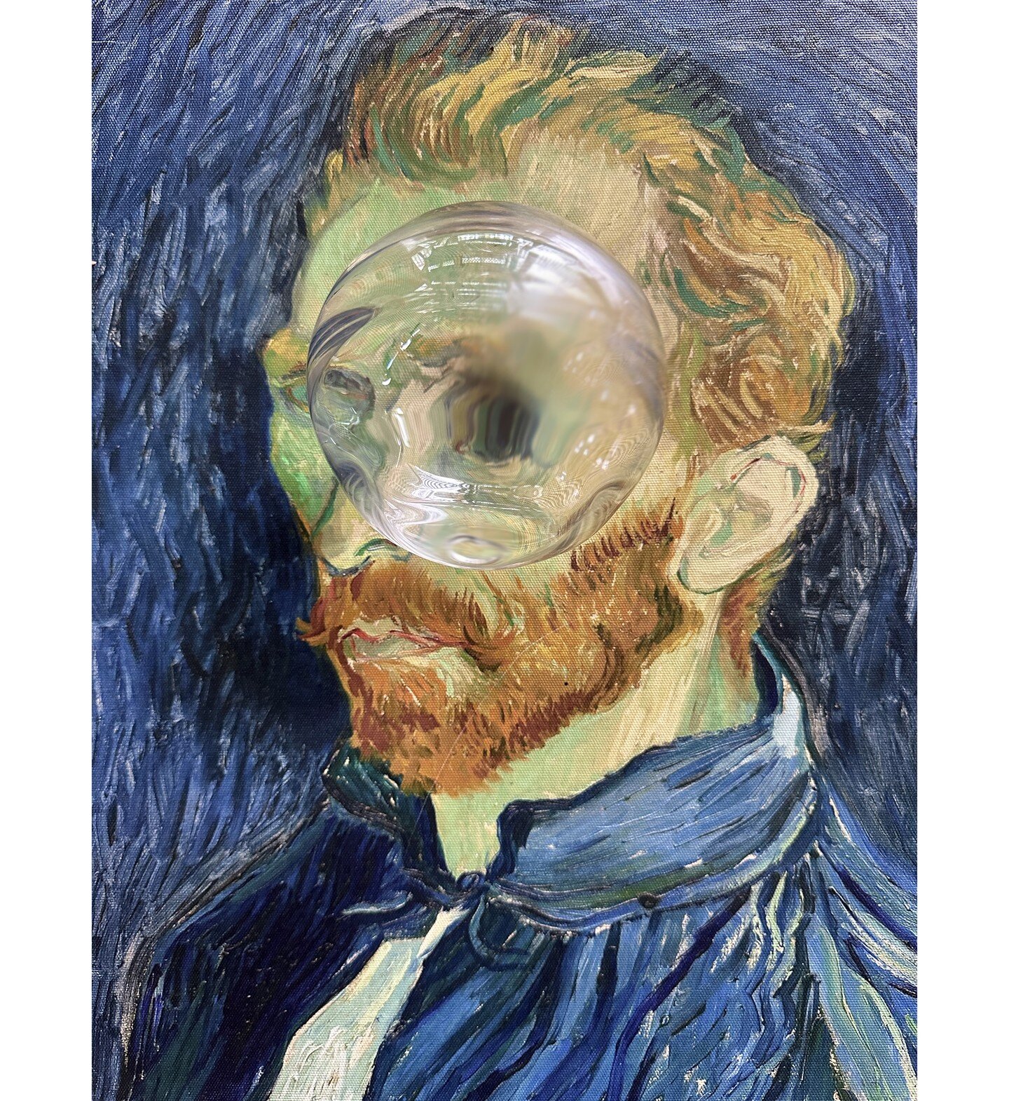 Vincent, with hand blown glass, the shape is slightly irregular which creates endless distortions and shapes out of the flat surface. #glassart #conceptualart #famousartist #vangoghart #multi-mediaart