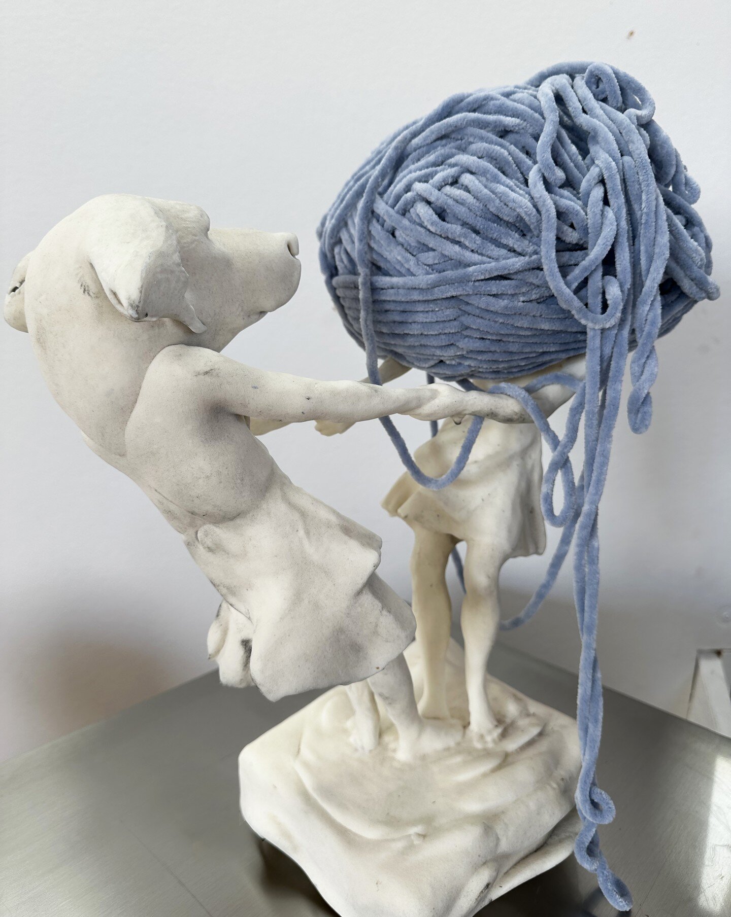 dance...another view of this sculpture today. The blue soft yarn, casually bundled and draped feels right, comforting, hiding, offering safety, pleasure...with a best friend. Sometimes girls dance, and hide. #sculpture #multimediasculpture #dressmate