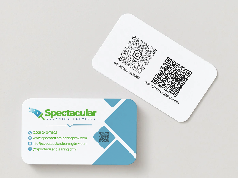Spectacular Cleaning Services business cards in blue, green, and white with QR codes