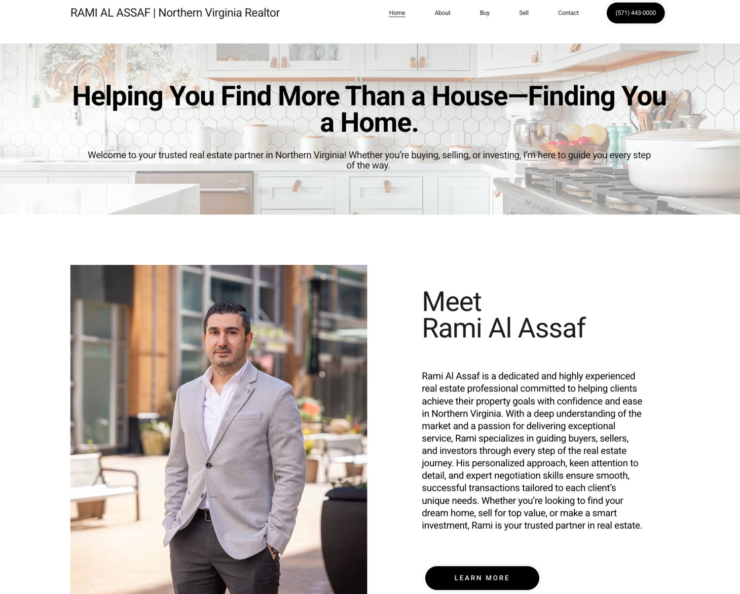 Rami Al Assaf Homes website with the headline Helping You Find More Than a House, Finding You a Home, and a Meet Rami Al Assaf section with his branding portrait