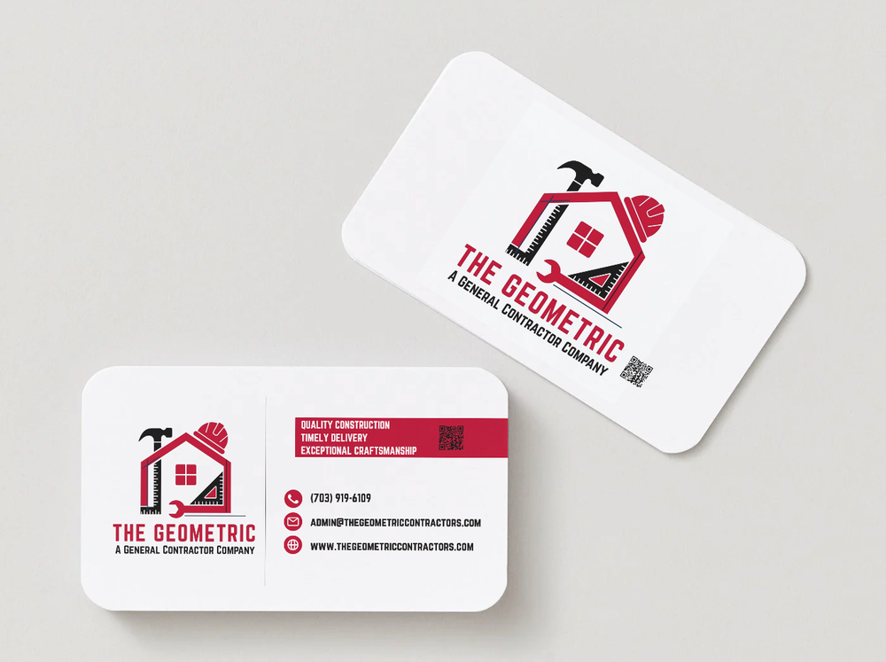 The Geometric LLC business cards with the new red house logo, front and back