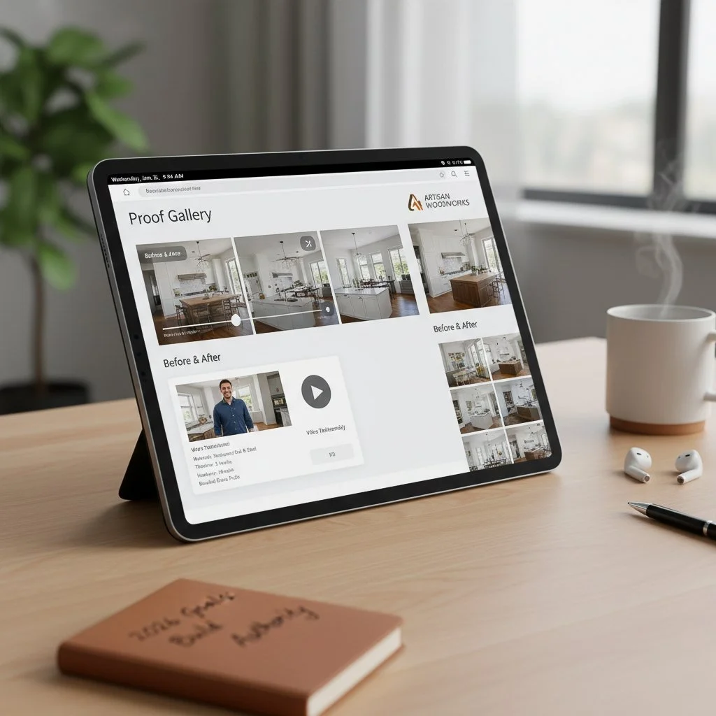 A 'Proof Gallery' web design for 'Artisan Woodworks' on a tablet. The layout emphasizes E-E-A-T with side-by-side before-and-after kitchen renovation photos, a video testimonial section, and technical project details to build customer trust.