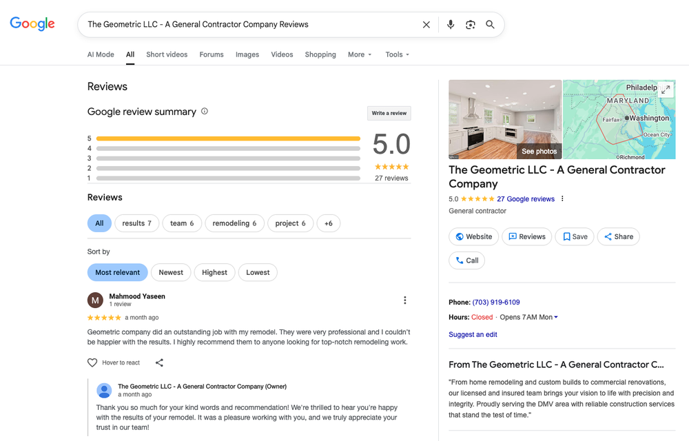 The Geometric LLC Google Business Profile showing reviews and business details in Google Search